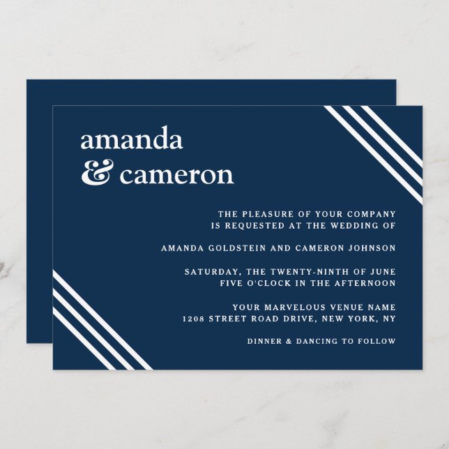 Invitación Elegante Boda azul de la Marina (Anverso / Reverso)