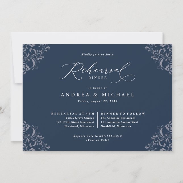 Invitación Elegante Boda azul de la Marina Cena (Anverso)