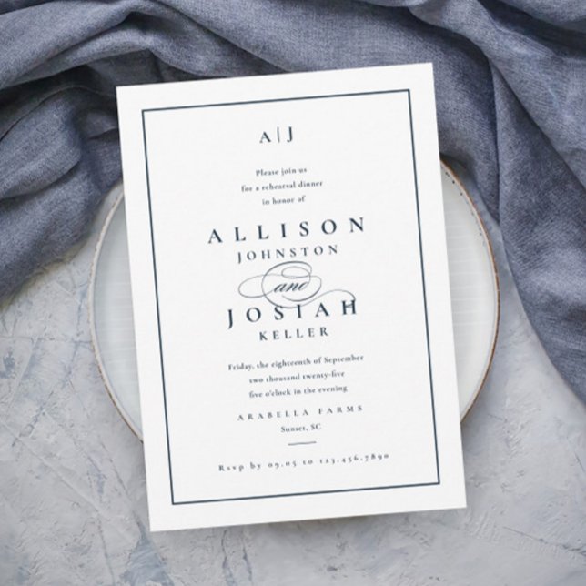 Invitación Elegante Boda azul de la Marina Cena (Elegant Typography Navy Blue Wedding Rehearsal Dinner Invitations.)