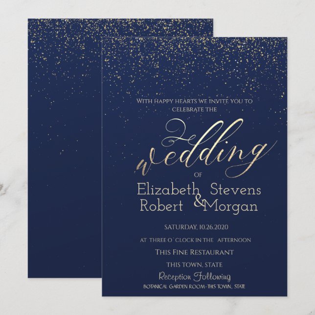 Invitación Elegante Boda azul de la Marina Confetti Simple (Anverso / Reverso)