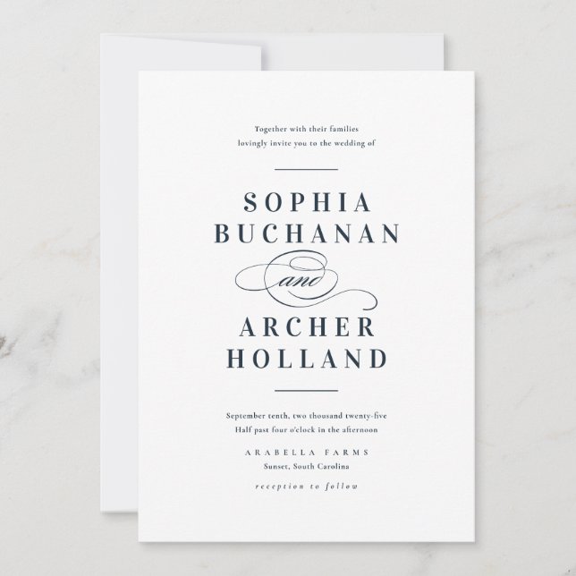 Invitación Elegante Boda azul de la Marina de caligrafía (Anverso)