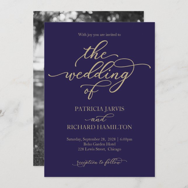 Invitación Elegante Boda azul de la Marina de caligrafía de o (Anverso / Reverso)