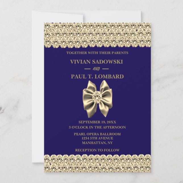 Invitación Elegante Boda Azul de la Marina de Diamantes de Or (Anverso)