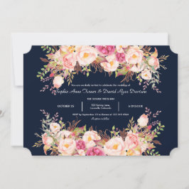 Invitación Elegante Boda azul de la marina de flores rosadas 