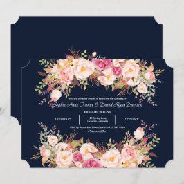 Invitación Elegante Boda azul de la marina de flores rosadas