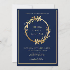 Invitación Elegante Boda azul de la Marina de Foliage de Oro