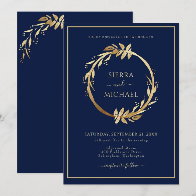 Invitación Elegante Boda azul de la Marina de Foliage de Oro (Anverso / Reverso)