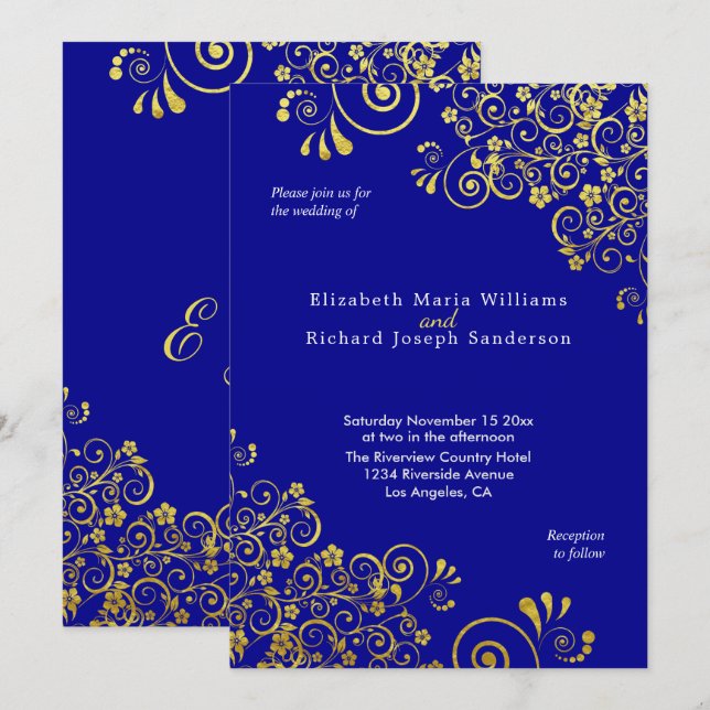 Invitación Elegante Boda azul de la Marina de los Swirls Flor (Anverso / Reverso)