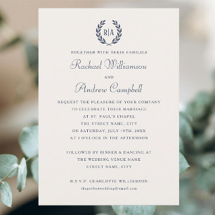 Invitación Elegante Boda azul de la Marina de Monograma