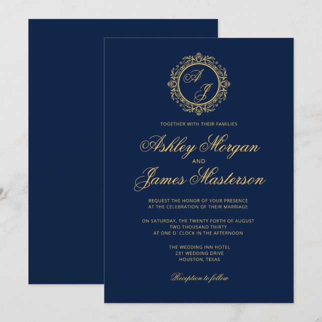 Invitación Elegante Boda azul de la marina de oro de lujo (Anverso / Reverso)