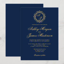 Invitación Elegante Boda azul de la marina de oro de lujo