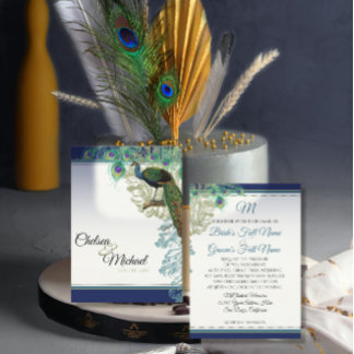 Invitación Elegante Boda azul de la marina de plumas de pavo 
