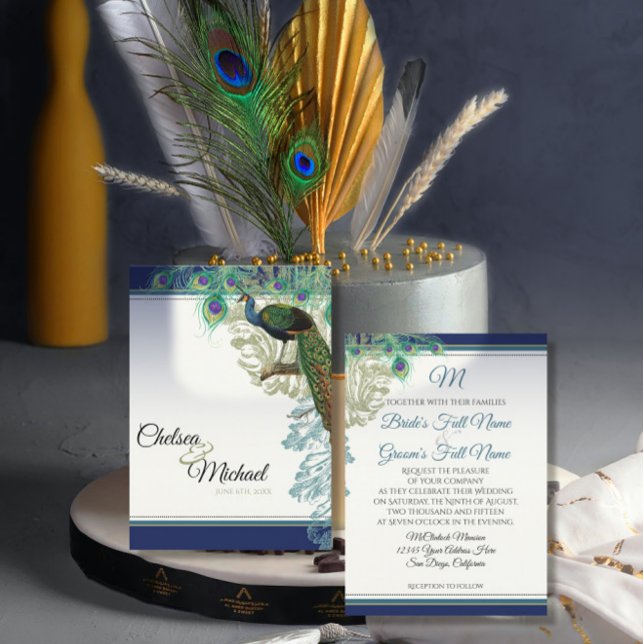 Invitación Elegante Boda azul de la marina de plumas de pavo  (Subido por el creador)