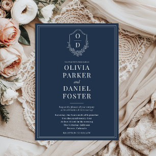 Invitación Elegante Boda azul de la Marina Escudo clásica