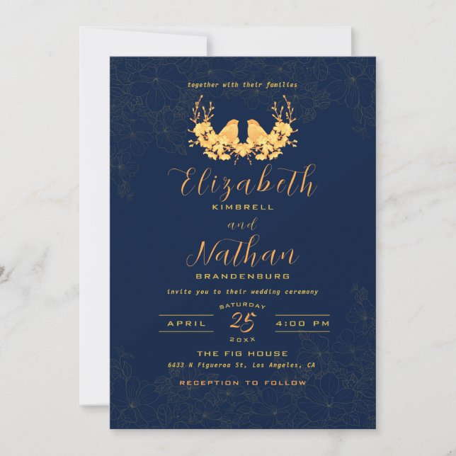 Invitación Elegante Boda azul de la Marina Floral de las Aves (Anverso)