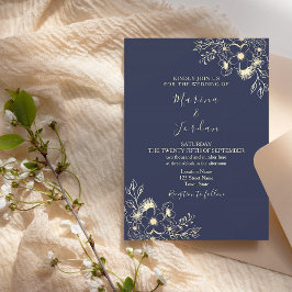 Invitación Elegante Boda Azul de la Marina Floral de Oro