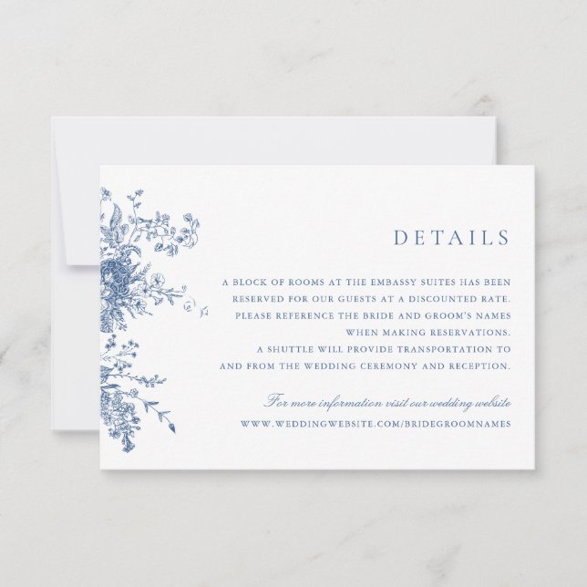 Invitación Elegante Boda azul de la Marina Floral Insertar (Anverso)