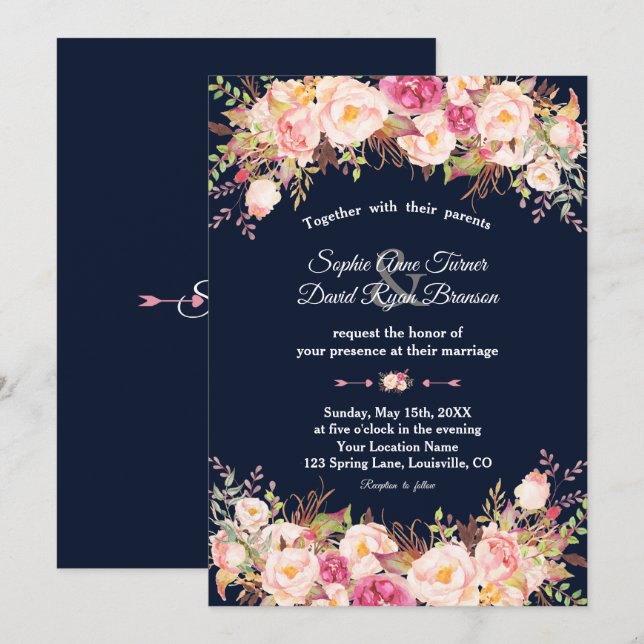 Invitación Elegante Boda azul de la marina floral rosa de Rub (Anverso / Reverso)