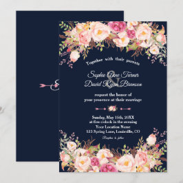 Invitación Elegante Boda azul de la marina floral rosa de Rub