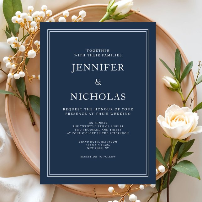 Invitación Elegante Boda azul de la Marina formal clásica (Classic Elegant Formal Navy Blue Wedding Invitation)