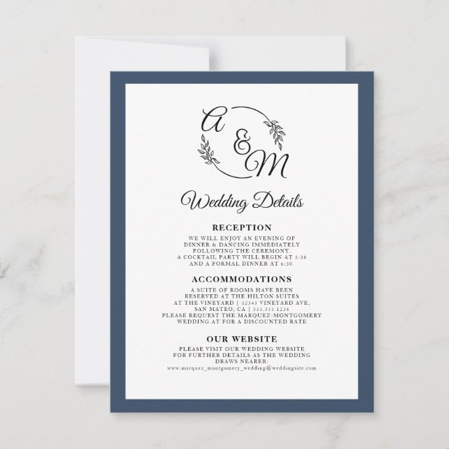 Invitación Elegante Boda azul de la marina moderna y simple (Anverso)