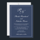 Invitación Elegante Boda azul de la Marina Monograma Formal S<br><div class="desc">Invitación a una boda azul marino de estilo tradicional con un diseño sencillo y clásico con su primer monograma y sus nombres en una caligrafía elegante dentro de un borde delgado. Todos los elementos de diseño se pueden cambiar en la herramienta de edición de diseño. Estas elegantes invitaciones nupciales son...</div>