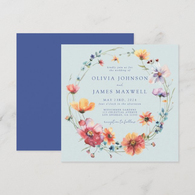 Invitación Elegante Boda azul de la plaza de flores silvestre (Anverso / Reverso)
