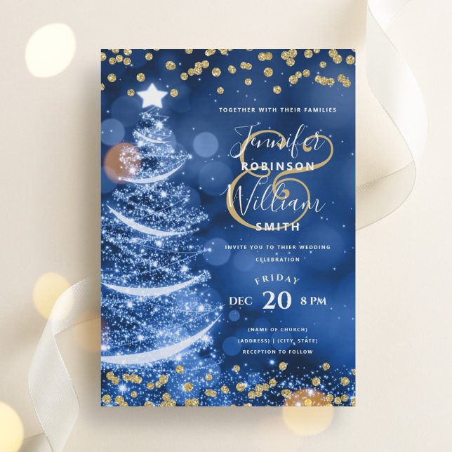 Invitación Elegante Boda azul de oro de la festividad árbol d (Elegant Festive Gold Blue Wedding Xmas Tree Invitation)