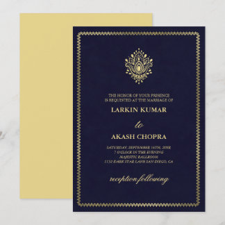 Invitación Elegante Boda azul de pizarra dorada paisley media