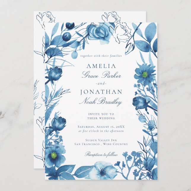 Invitación Elegante Boda Azul Floral (Anverso / Reverso)