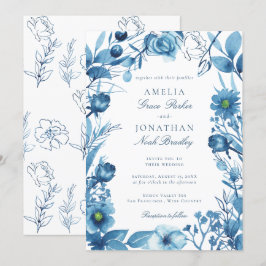 Invitación Elegante Boda Azul Floral