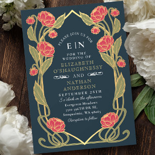 Invitación Elegante Boda azul floral de estilo Art Nouveau pe
