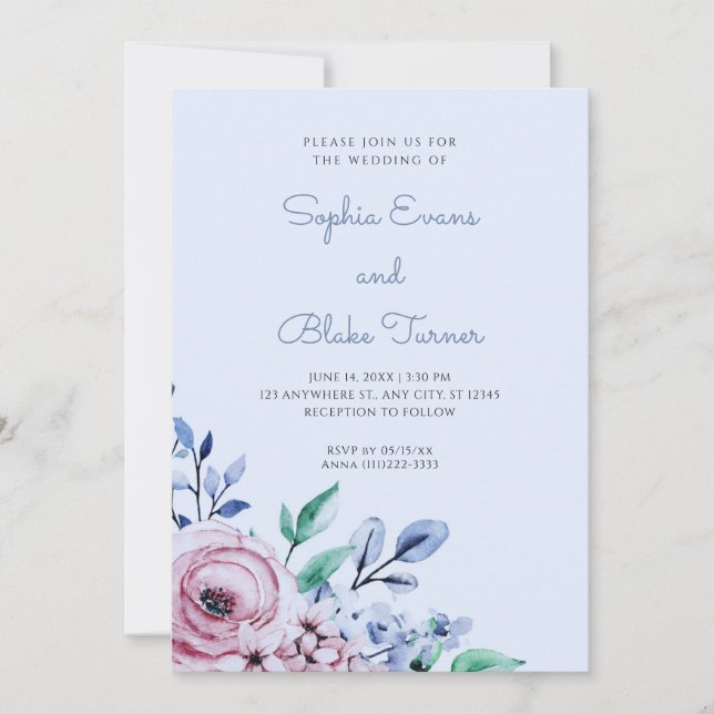 Invitación Elegante Boda azul floral rosa y azul turbio (Anverso)