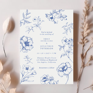 Invitación Elegante Boda azul francés floral vintage
