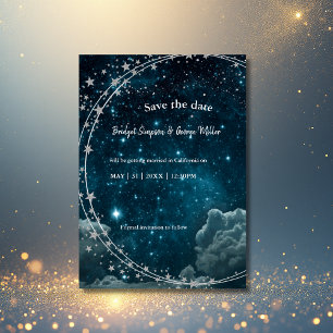 Invitación elegante boda azul galaxia cielo seguro la fecha