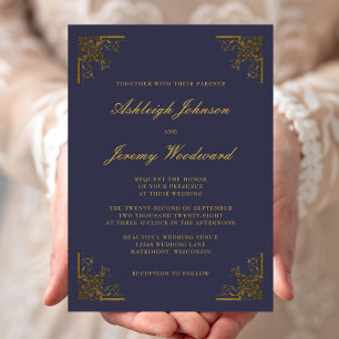 Invitación Elegante Boda Azul Marino con Esquinas Doradas Vin
