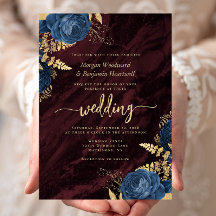 Elegante Boda Azul Marino Oro Floral Burgundy