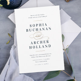 Invitación Elegante boda azul marino y dorado