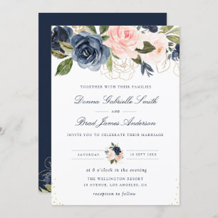 Invitación Elegante boda azul marino y florido