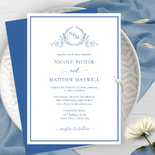 Invitación Elegante Boda azul monograma