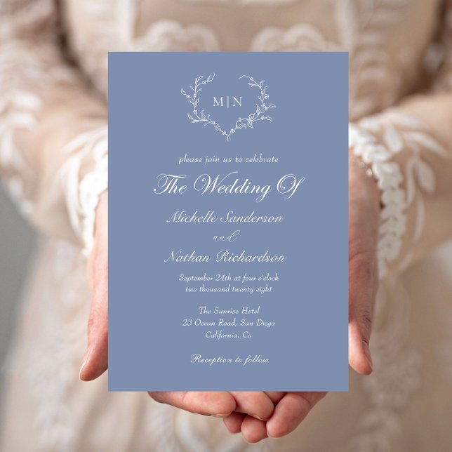 Invitación Elegante Boda azul Monograma Wreath (Subido por el creador)