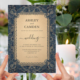 Invitación Elegante Boda Azul Oscuro y Dorado
