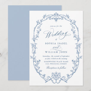 Invitación Elegante Boda Azul Polvoriento Floral Victoriano O