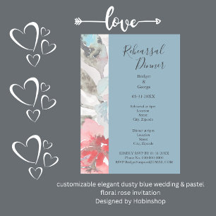 Invitación elegante boda azul polvoriento y rosa floral paste