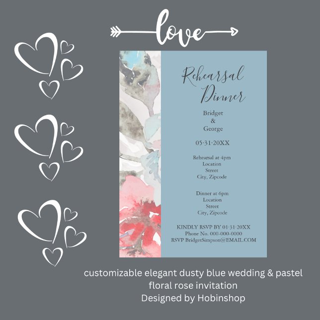 Invitación elegante boda azul polvoriento y rosa floral paste (ustomizable elegant dusty blue wedding & pastel floral rose invitation
Designed by Hobinshop)