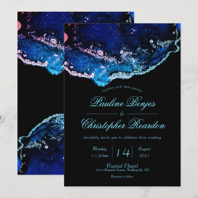 Invitación Elegante Boda azul púrpura de tono jewel (Anverso / Reverso)