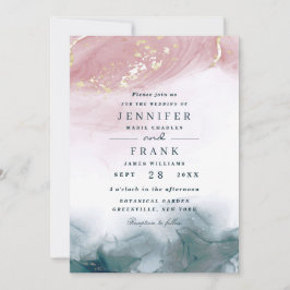 Invitación Elegante Boda Azul Tinte Alcohol Acuarela