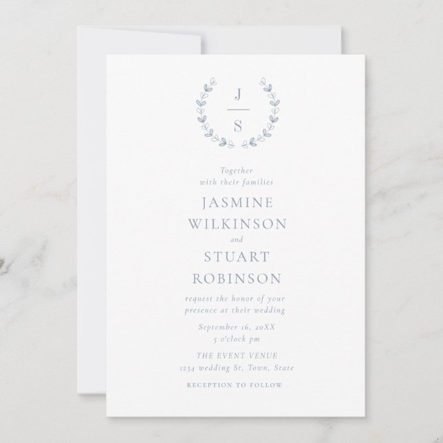 Invitación Elegante Boda azul turbio (Anverso)