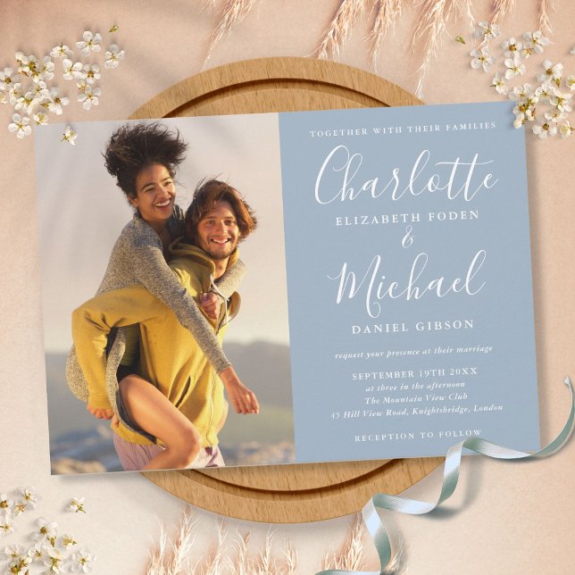 Invitación Elegante Boda azul turbio con guión de firma (Subido por el creador)