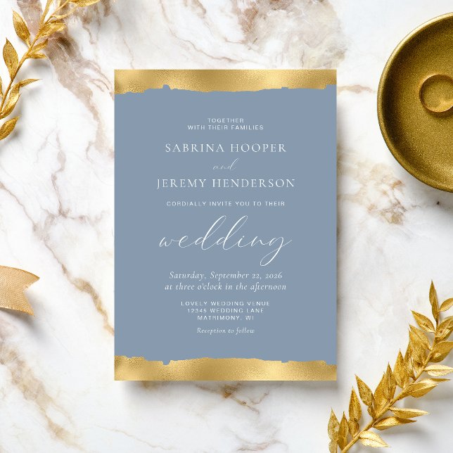 Invitación Elegante Boda azul turbio del borde dorado roto (Subido por el creador)